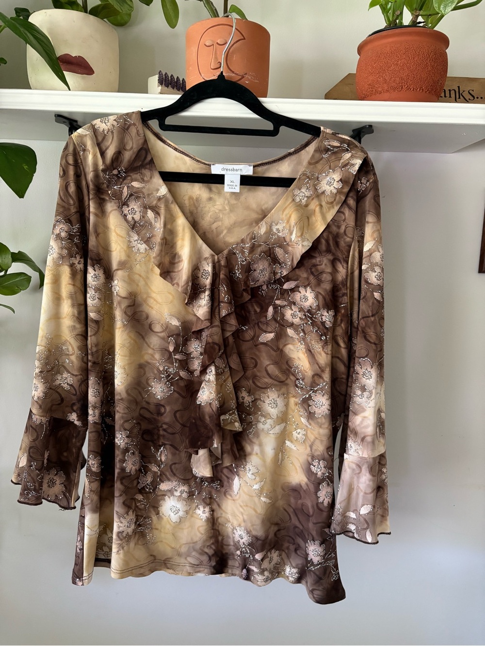 dressbarn Brown Cream Floral Ruffle V-Neck Blouse